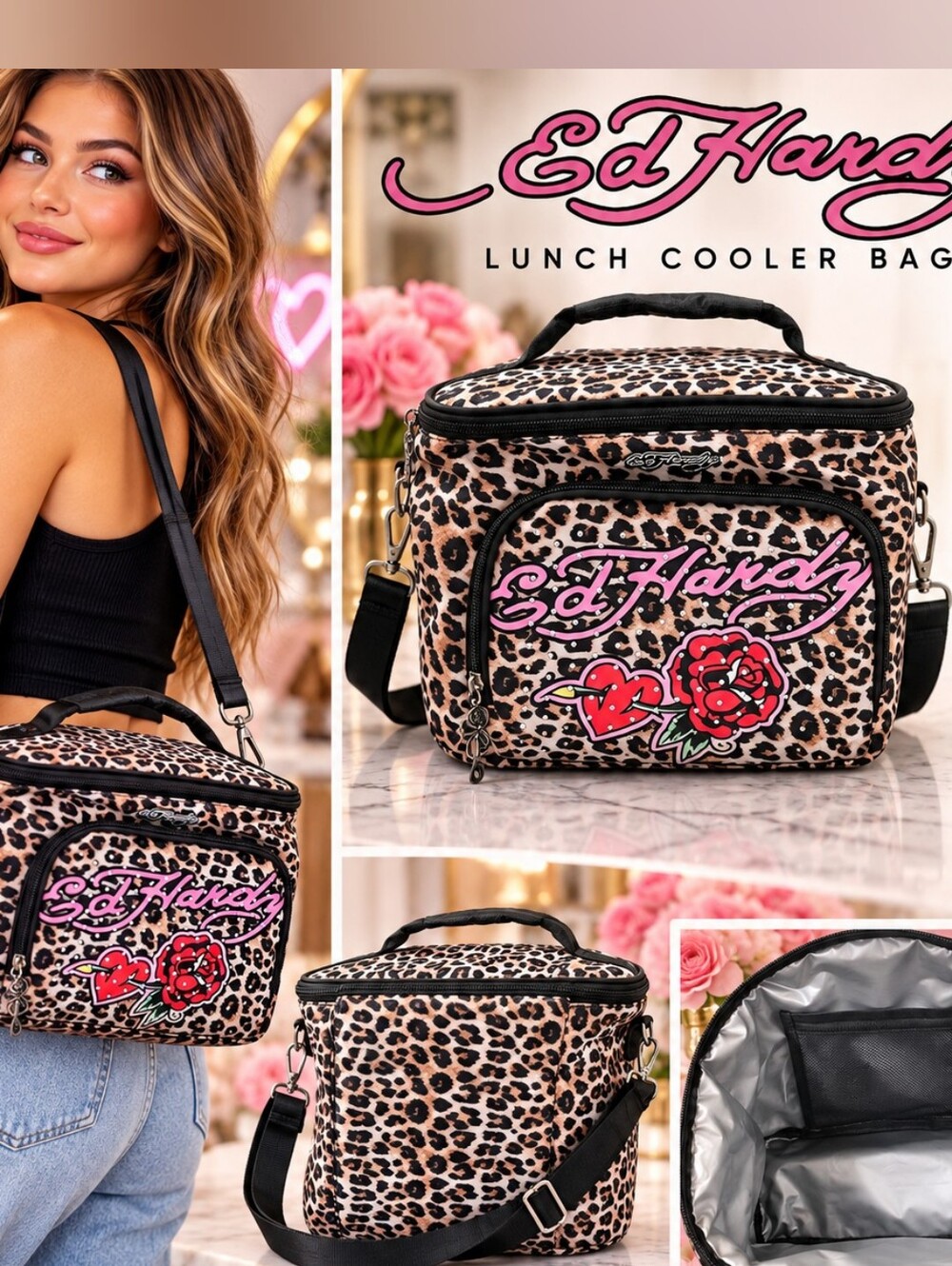 Ed Hardy Leopard Print Lunch Cooler Bag with Pink Logo & Red Rose